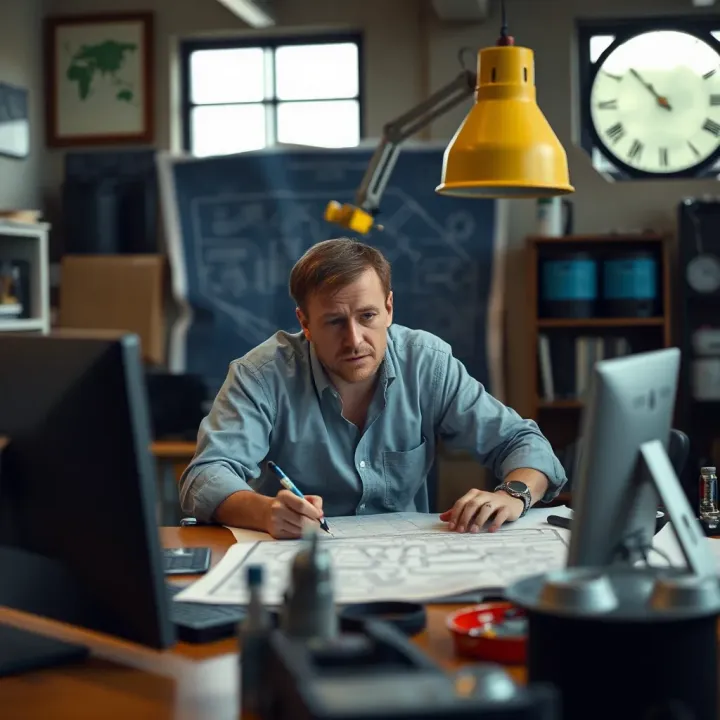 Creative workspace with mechanical blueprints representing invention and leadership