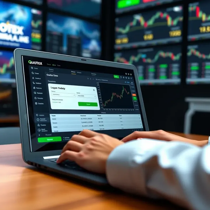 User logging into the Quotex trading platform on a laptop screen