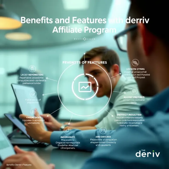 Infographic illustrating the benefits and features of the Deriv affiliate program
