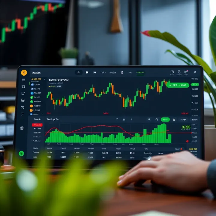 Trading dashboard displaying Pocket Option platform with charts and trade options