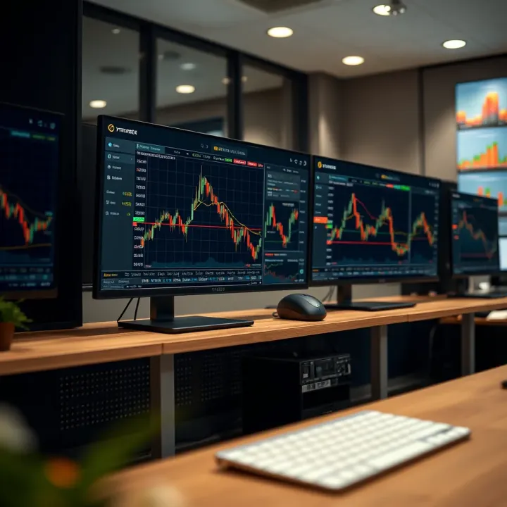 Professional trading desk displaying multiple currency charts and analytics screens