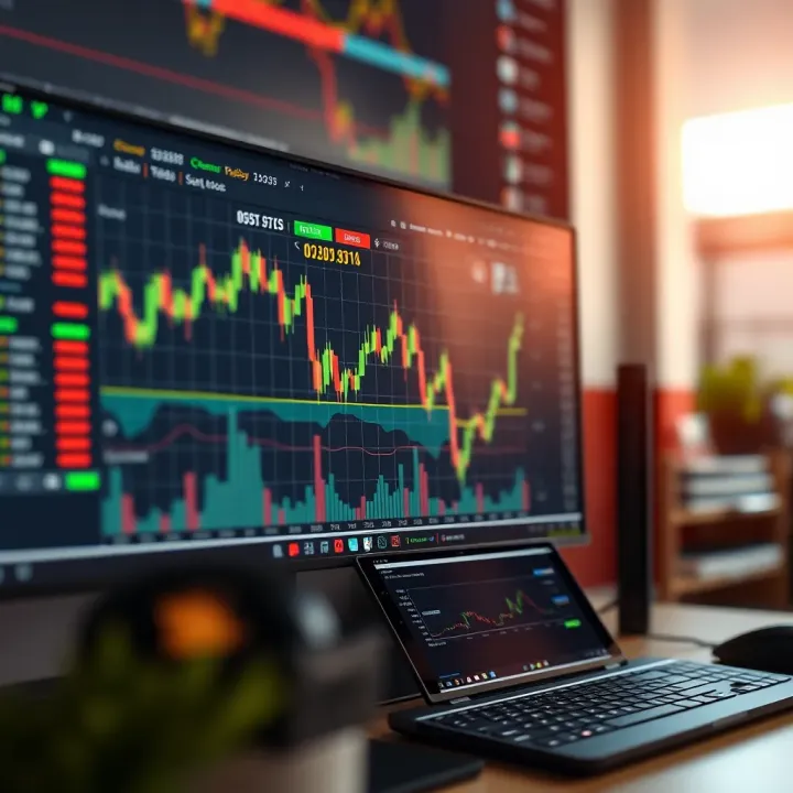 Financial Trading Software Interface with Analytics and Charts Computer screen showing financial trading software interface with charts and analytics tools