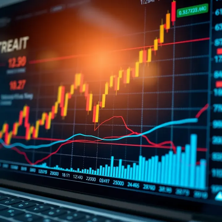 Graph displaying stock market data with upward trend lines and trading indicators
