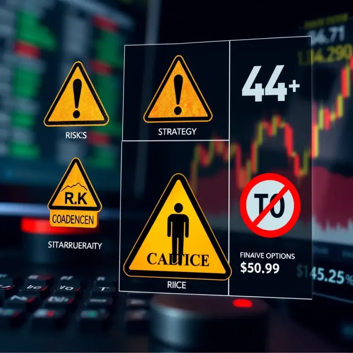 Visual representation of risks and strategies involved in binary options with caution symbols and strategy elements