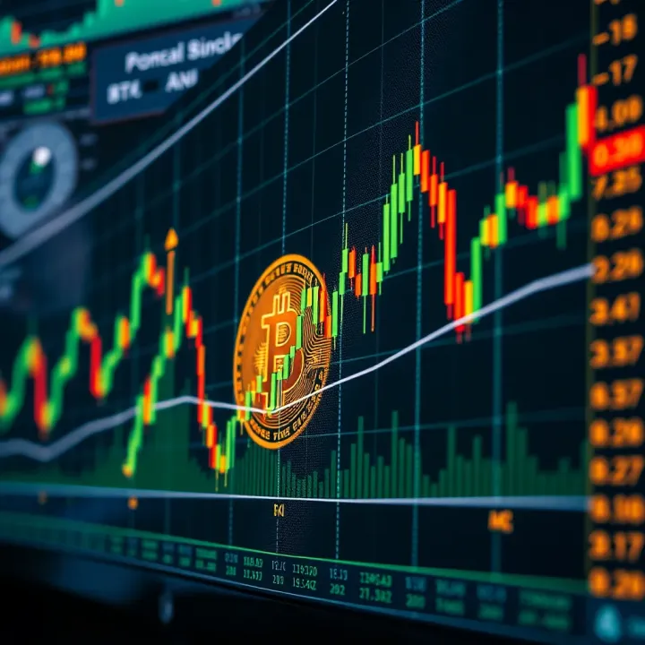 Graph displaying Bitcoin price fluctuations with technical indicators and trend lines