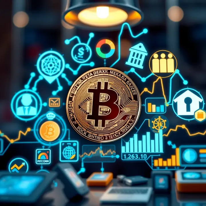Conceptual illustration of Bitcoin surrounded by regulatory symbols, digital technology icons, and financial market elements