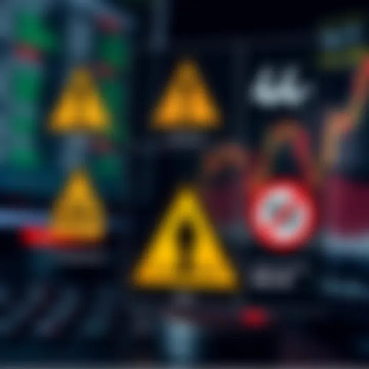 Visual representation of risks and strategies involved in binary options with caution symbols and strategy elements