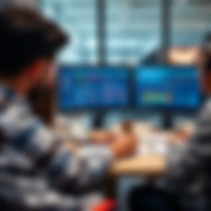 Business Analysis of Demo Software Benefits in Corporate Environment Business team analyzing demo software benefits on computer screens in an office setting