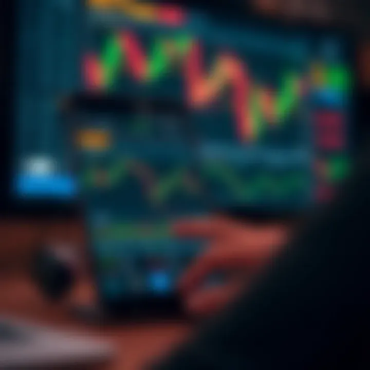 Mobile device displaying a financial trading application interface with charts and real-time market data