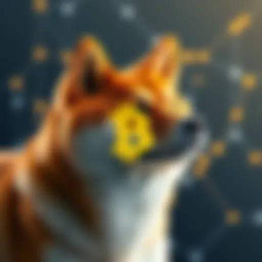 Digital illustration of Shiba Inu cryptocurrency symbol with blockchain network background