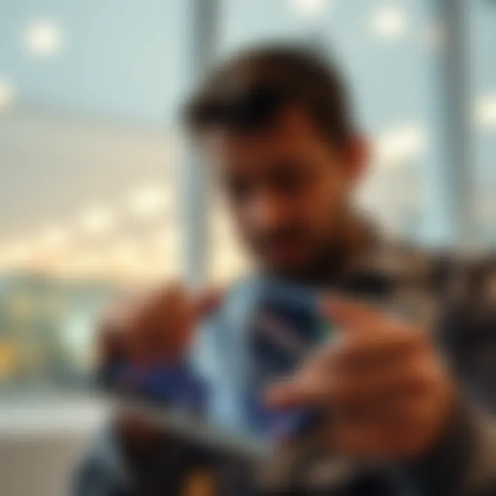 Close-up of a user interacting with a trading application on a tablet showing market data and transaction features