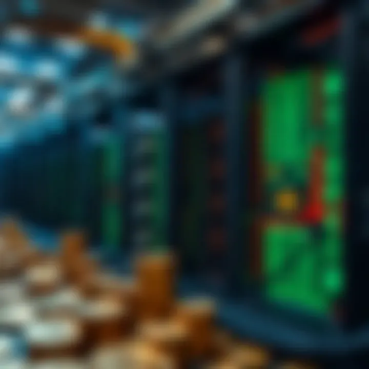 Representation of cryptocurrency mining operation with digital coins and data streams