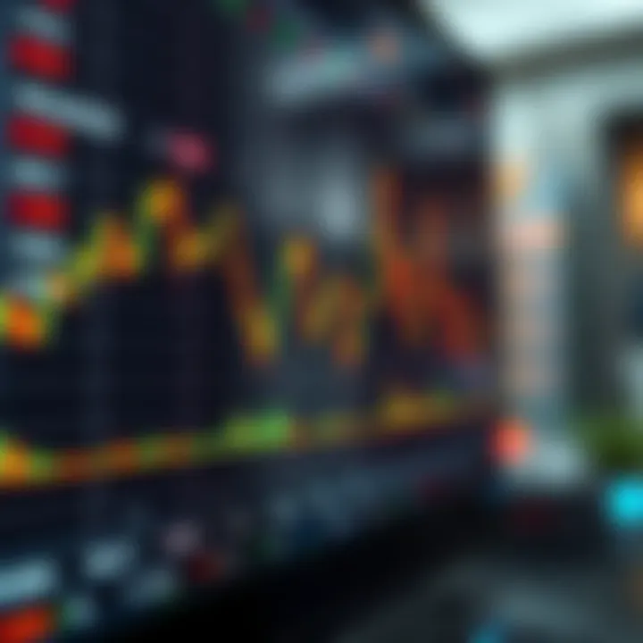 Digital chart showing currency exchange rate fluctuations and trading volume