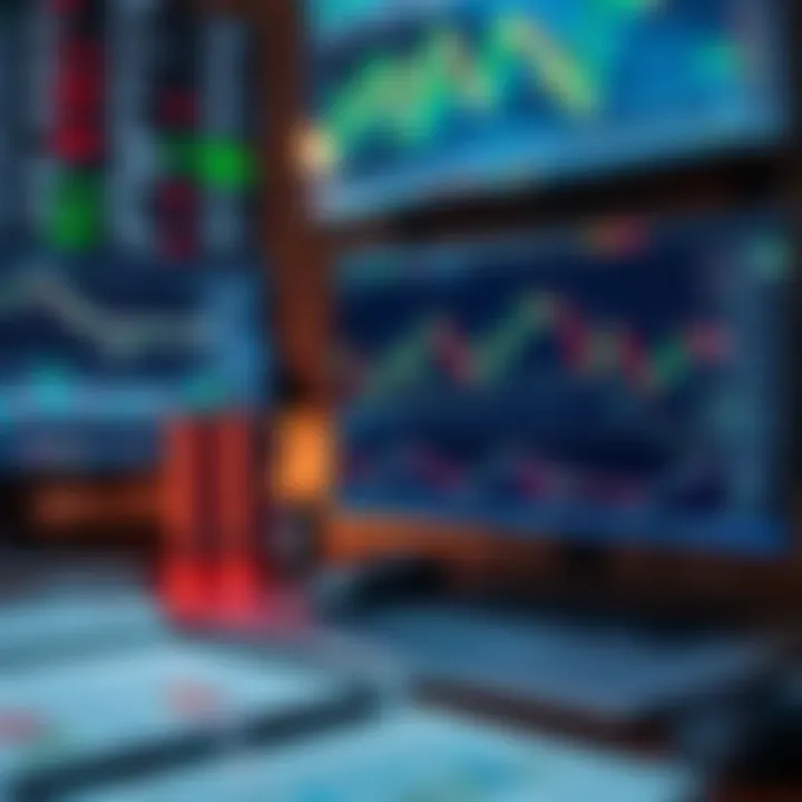 Collection of trading tools including charts, indicators, and a laptop setup for forex analysis