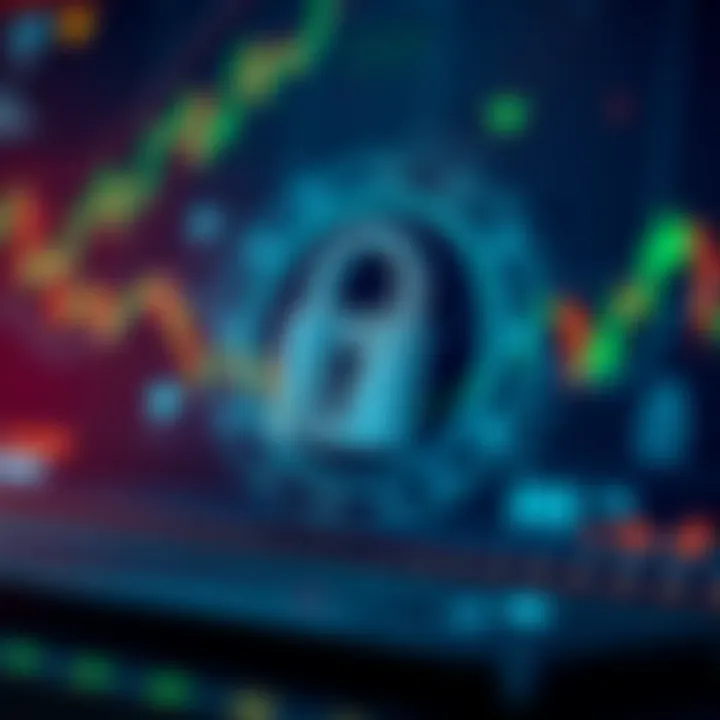 Secure cryptocurrency trading platform interface with padlock symbol and digital security icons