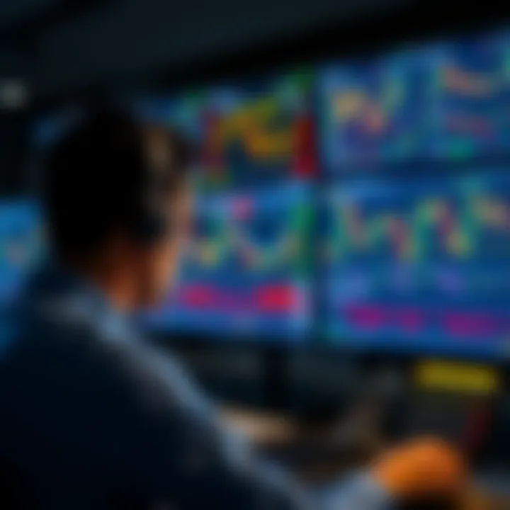 Trader analyzing various financial charts on multiple screens during online investment session