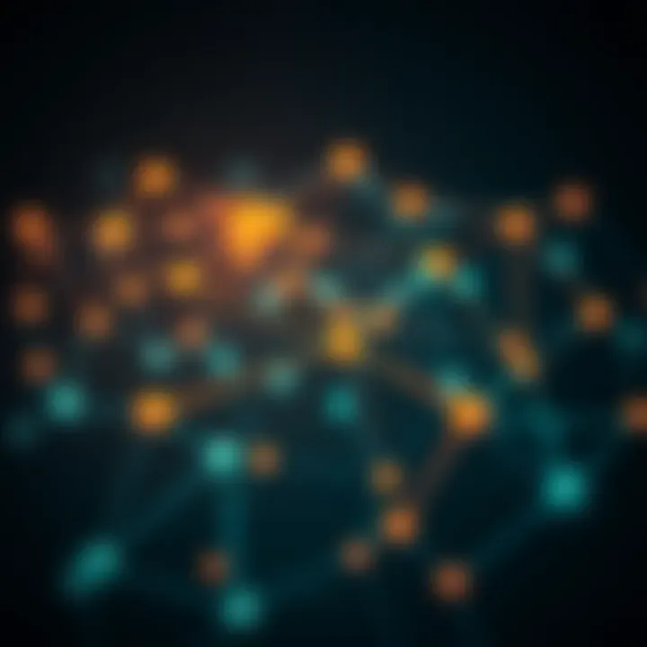 Graphic representation of blockchain nodes interconnected forming a secure decentralized network