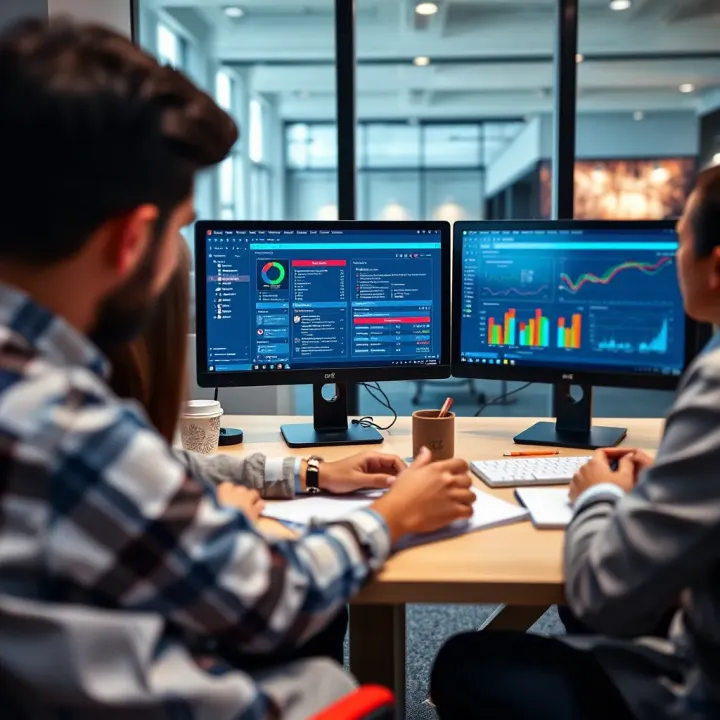Business team analyzing demo software benefits on computer screens in an office setting