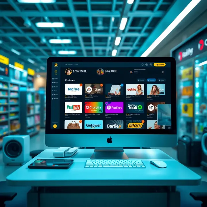 Digital marketplace interface showing various product categories and customer reviews