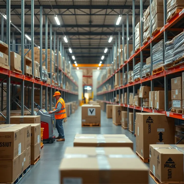 Logistics and delivery operations with packages being prepared for shipment in a warehouse