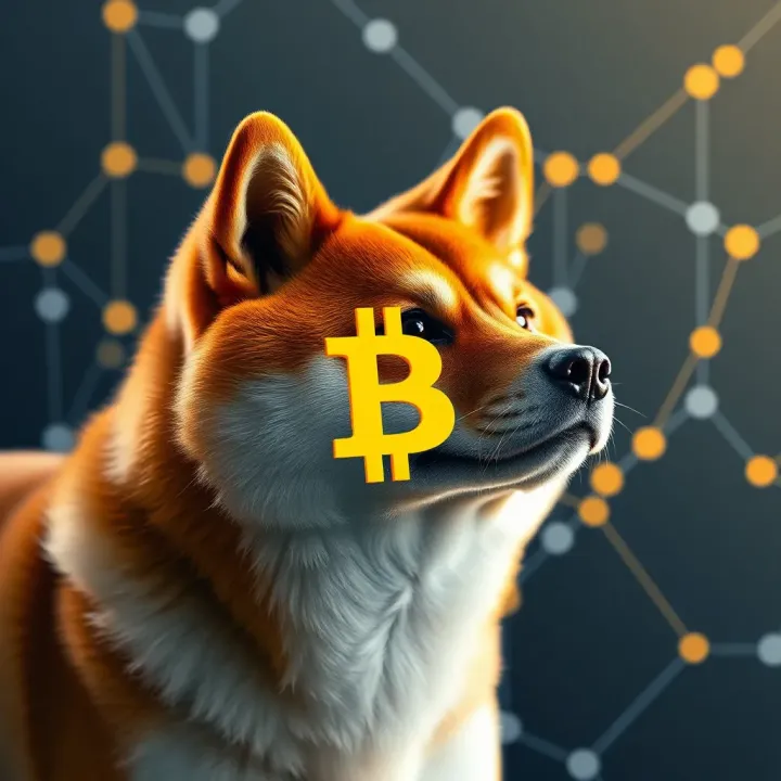 Digital illustration of Shiba Inu cryptocurrency symbol with blockchain network background