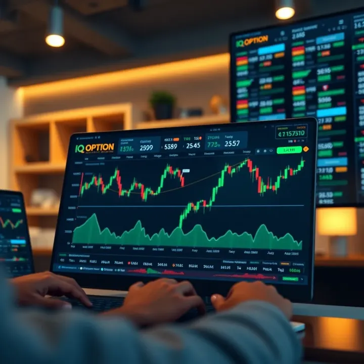 IQ Option platform interface displaying various trading assets and charts