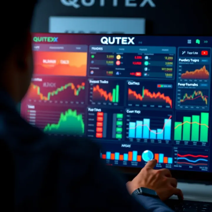 Dashboard interface of the Quotex trading platform displaying various financial charts and trading options