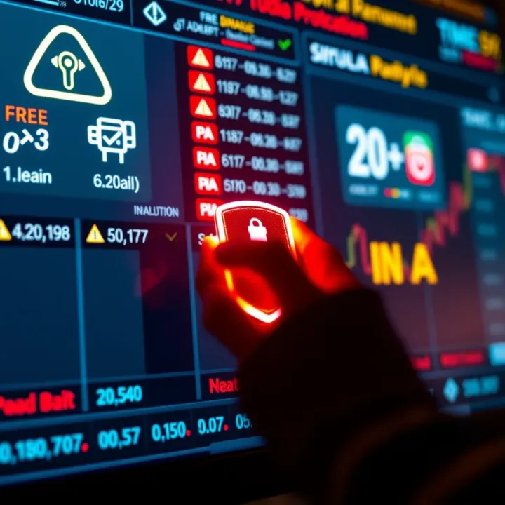 Illustration of a digital interface displaying free binary options signals and warning icons for security