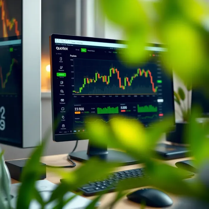 Computer screen displaying Quotex platform interface with charts and trading options