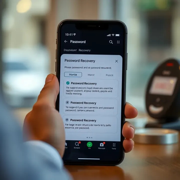 Mobile device showing user interface for password recovery options on trading app