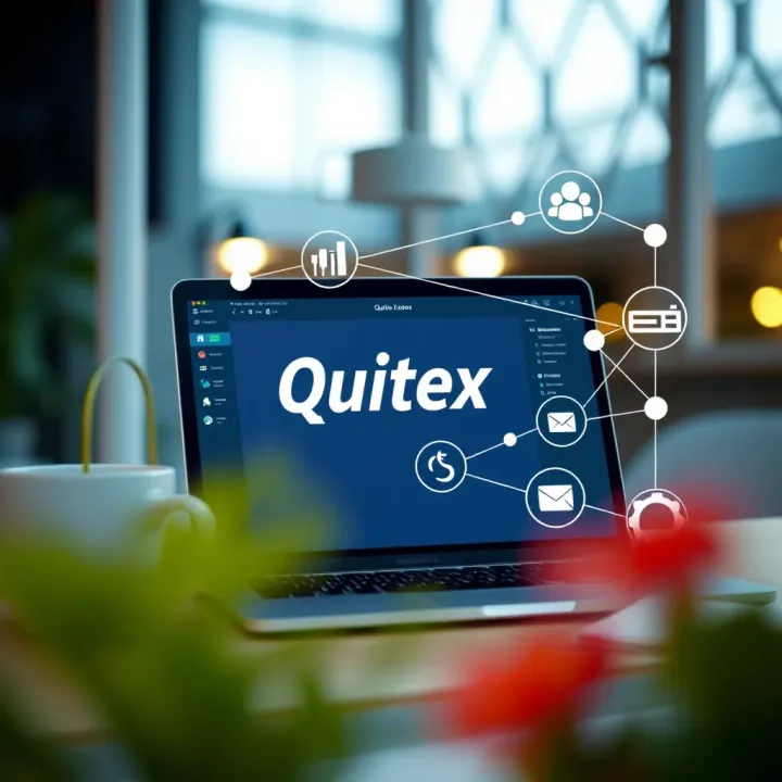 Illustration showing affiliate marketing connections and digital tools for Quotex program