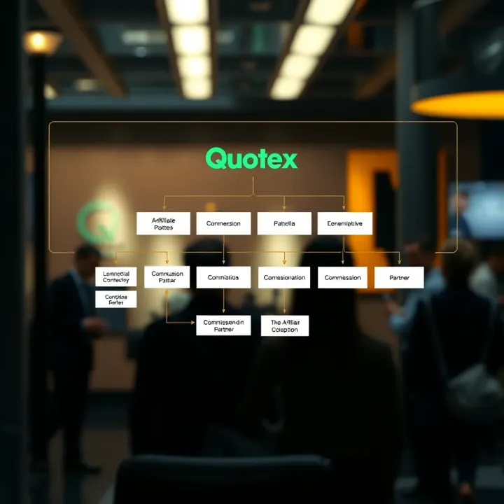 Diagram illustrating the affiliate program workflow of Quotex with commission flow and partner connections