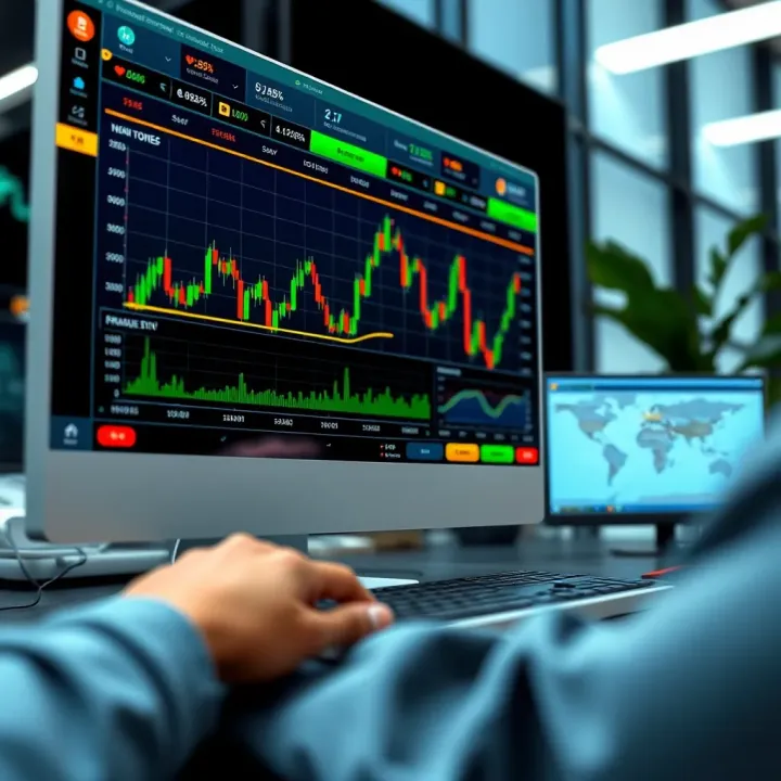 Interface of Quotex trading platform showing binary options dashboard with graphs and trading tools