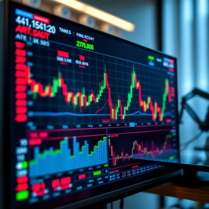 Financial charts and graphs displayed on a digital screen representing demo trading activities