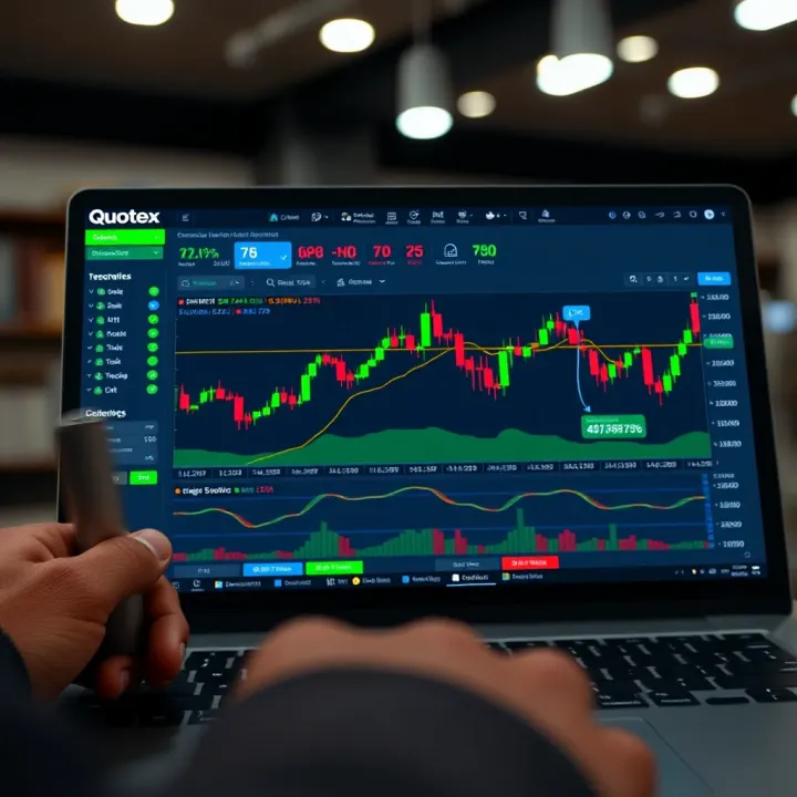 User interface of Quotex demo account showing trading charts and tools