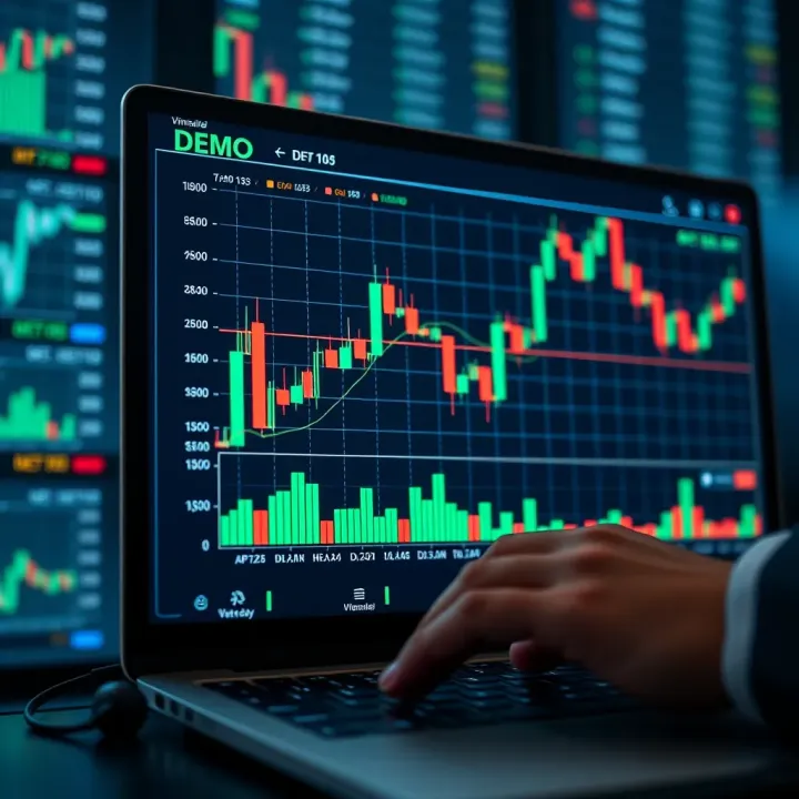 Graph displaying simulated financial trading with virtual funds on an online platform