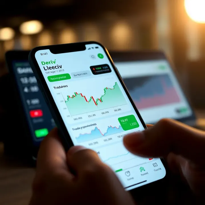 Mobile interface displaying the Deriv trading application with charts and trading options