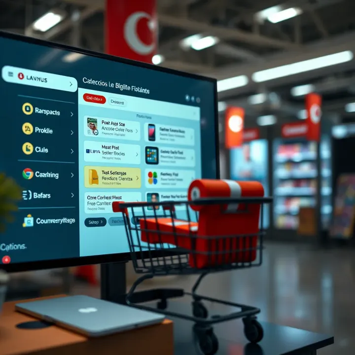 Digital marketplace interface displaying various product categories and seller options
