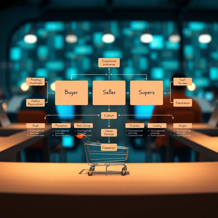 Flowchart illustrating interactions between buyers, sellers, and platform services in e-commerce