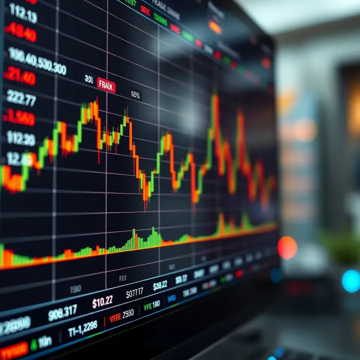 Digital chart showing currency exchange rate fluctuations and trading volume