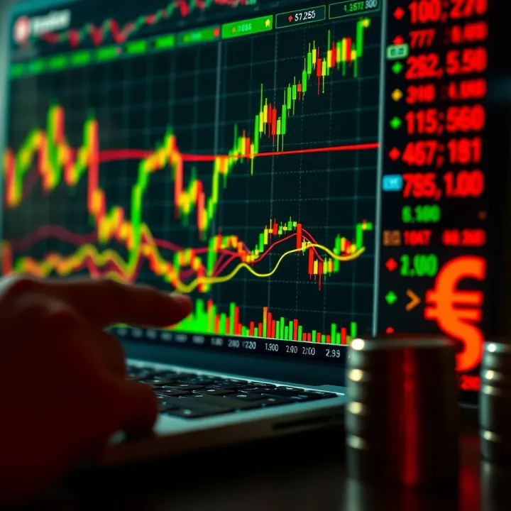 Graphic representation of online currency trading with charts and currency symbols