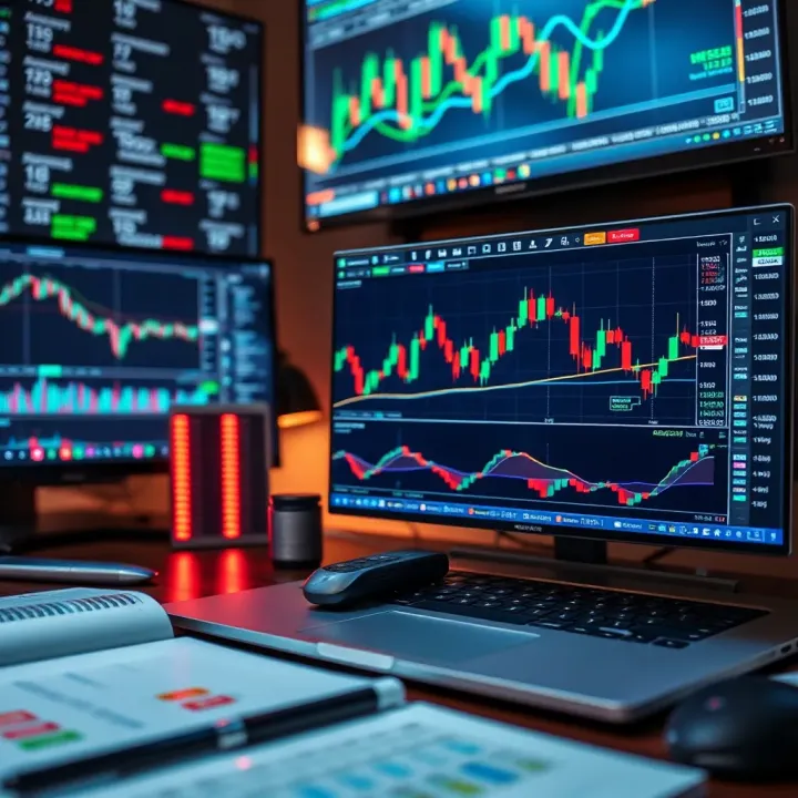 Collection of trading tools including charts, indicators, and a laptop setup for forex analysis