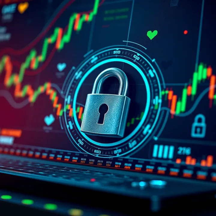 Secure cryptocurrency trading platform interface with padlock symbol and digital security icons