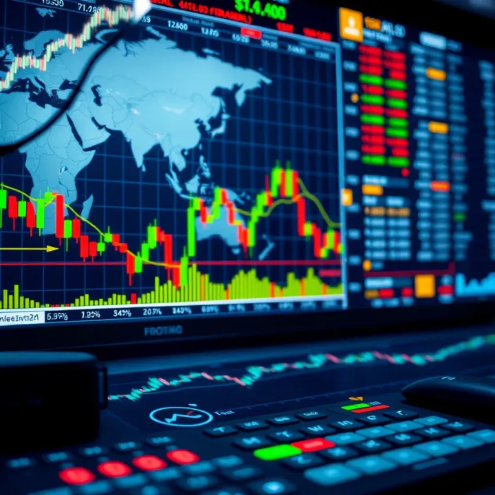 Illustration of global financial market with forex trading charts and analysis tools