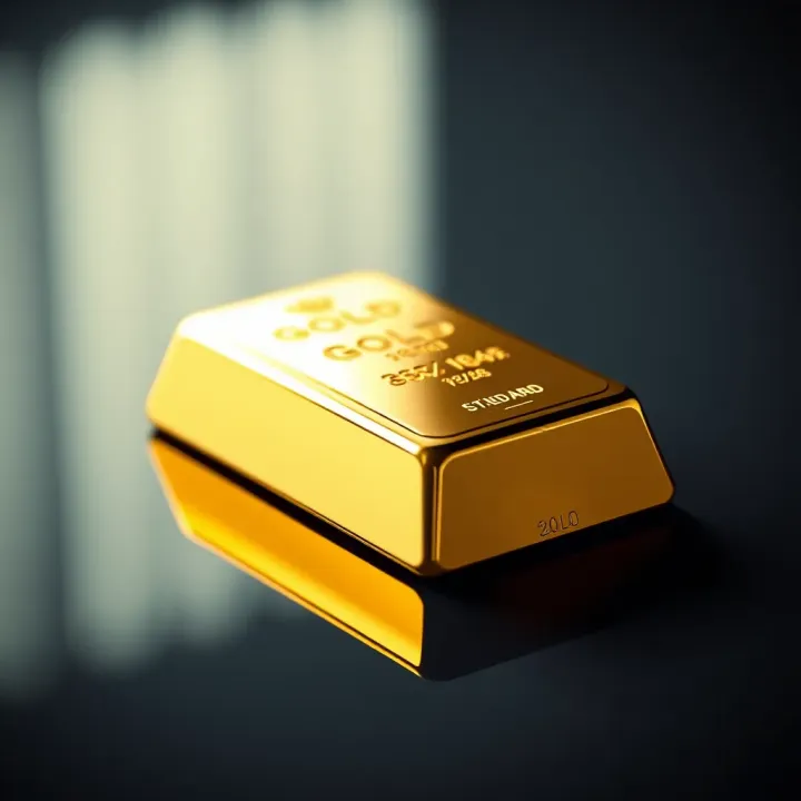 Standard gold bar resting on a reflective surface highlighting its weight markings
