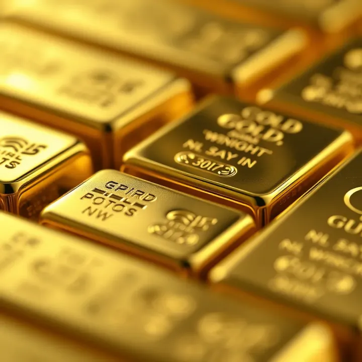 Close-up of gold bars displaying weight markings and purity stamps