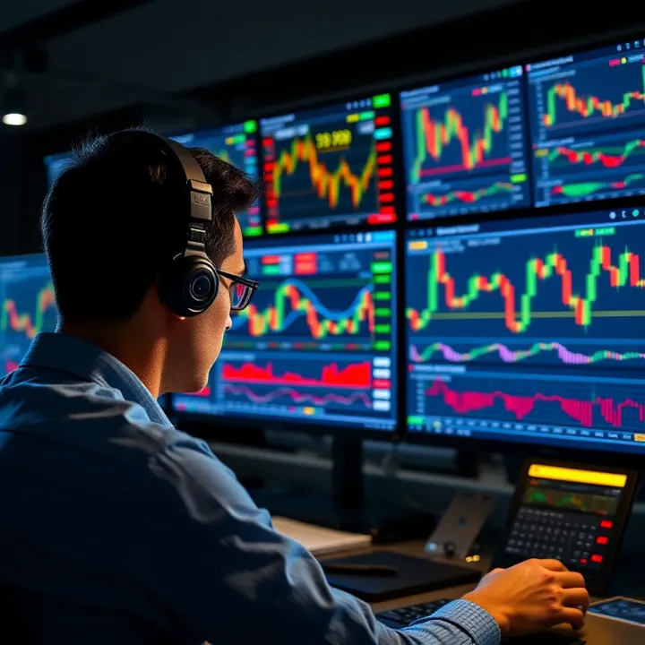 Trader analyzing various financial charts on multiple screens during online investment session