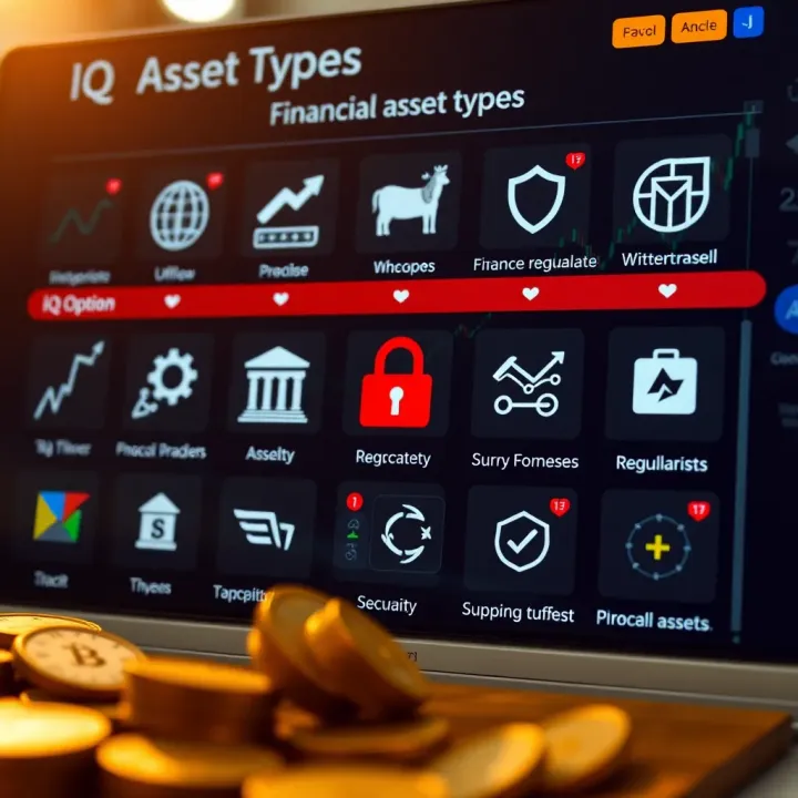 Visual representation of financial asset types available on IQ Option with security and regulatory icons