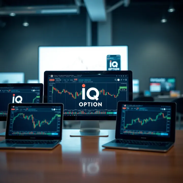 Multiple devices displaying IQ Option platform for trading and account management