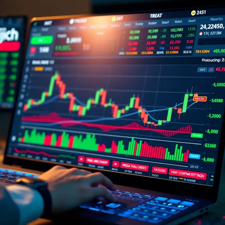 Illustration showing a digital trading platform interface with charts and statistical data